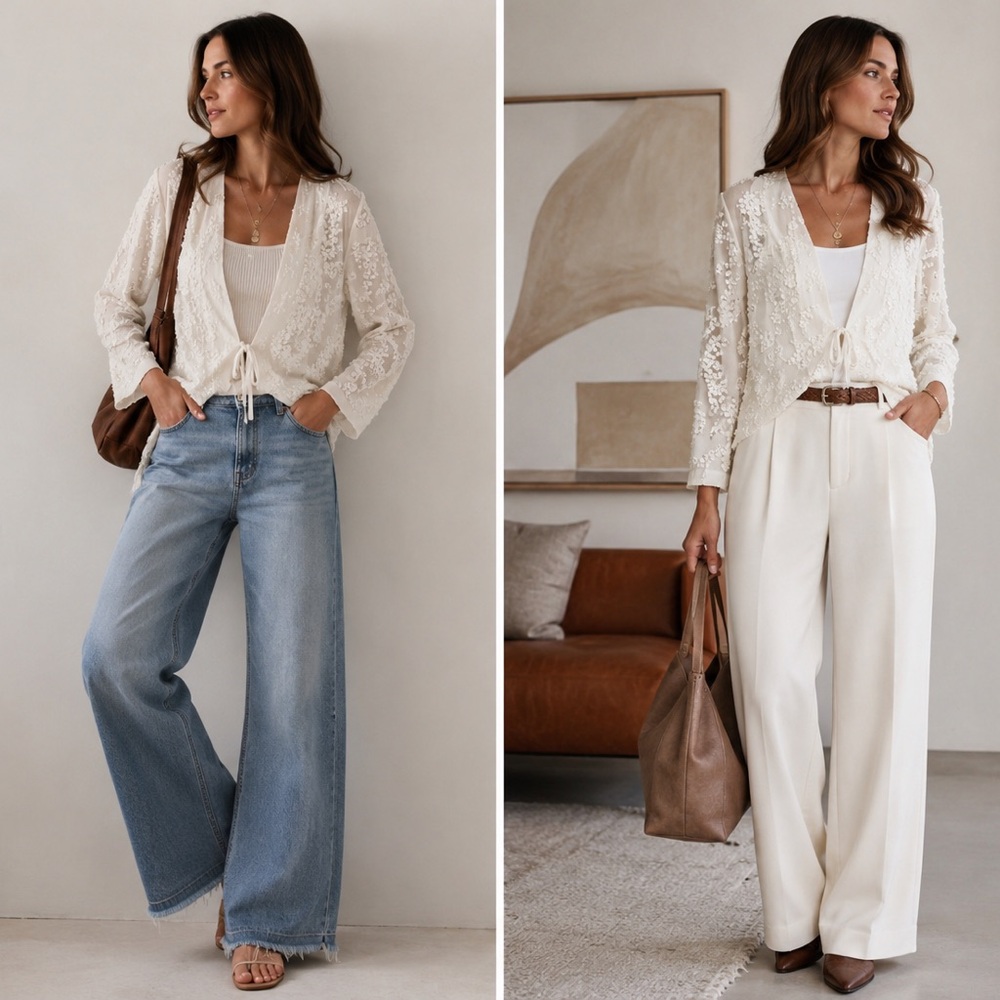 French Connection Mimosa Mist Sequin Tie Front Top in Daisy White | NWT Size 2